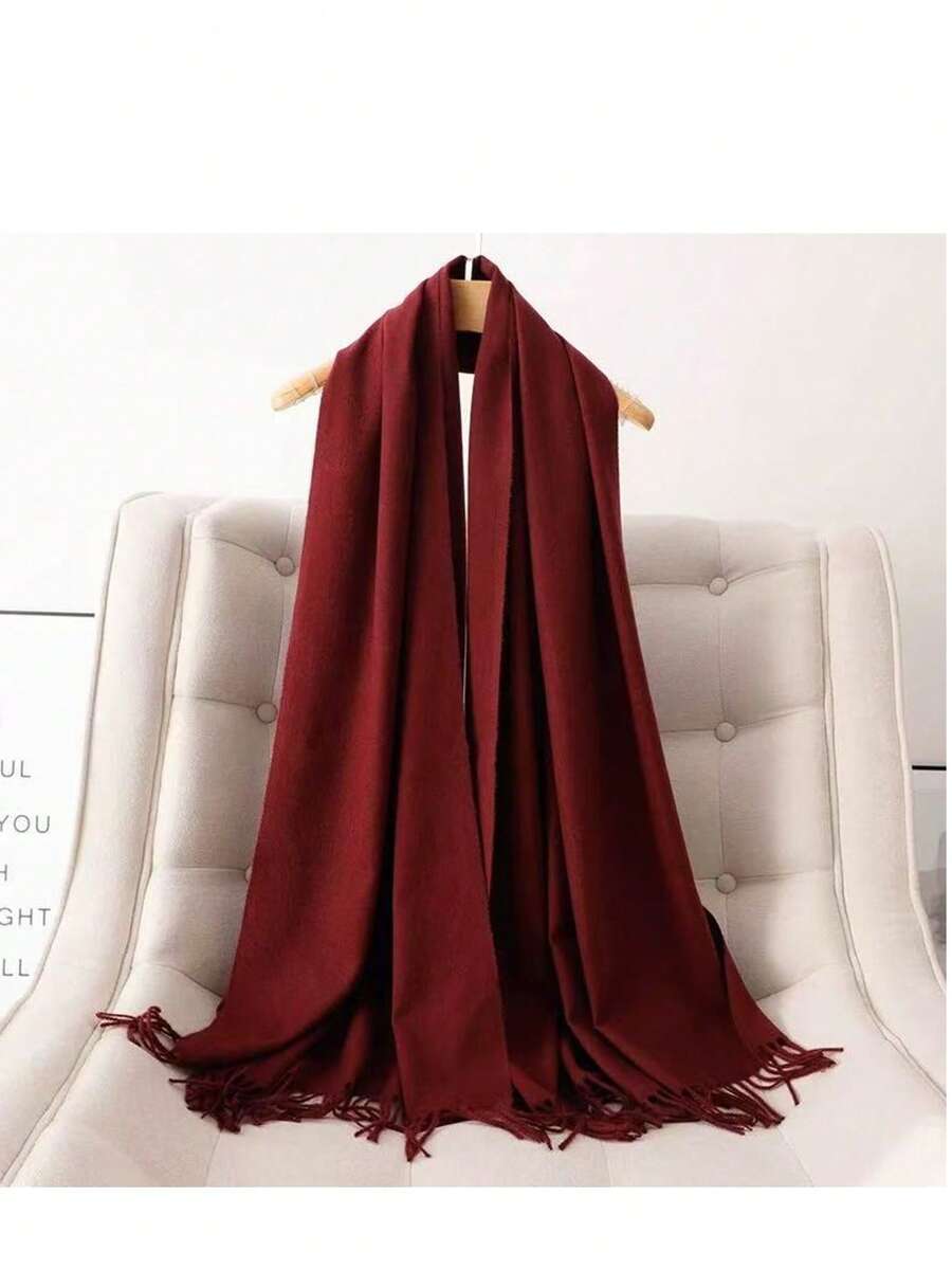 Stylish Casual Winter Scarf 230g With Fringes - 酒紅色 - 查看 1