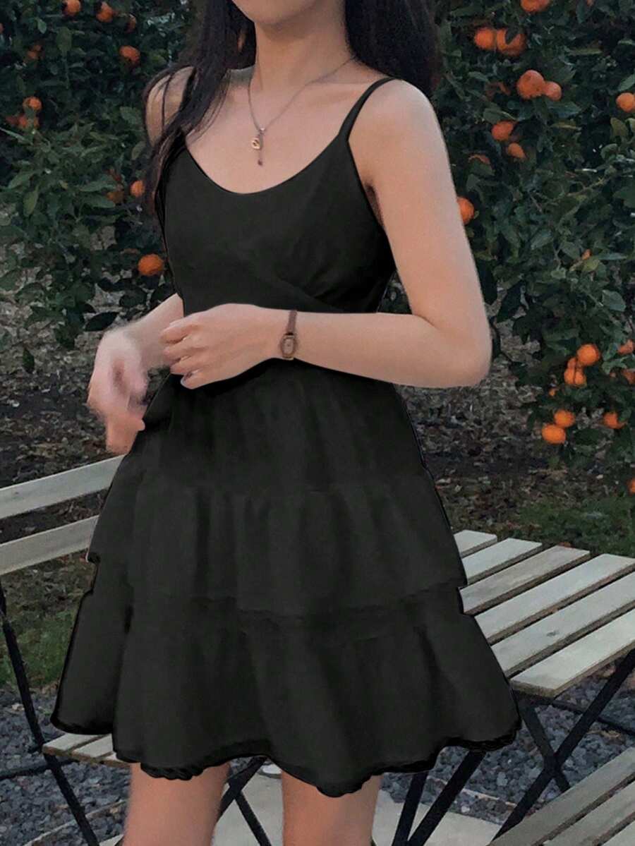2025 Spring Sleeveless Floral Lace Trim Cake Dress Dress, Women's Fashion Black Elegant Summer - Black - View 1