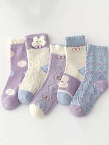 10 đôi tất cotton dài đến bắp chân họa tiết dâu tây và hoa cho bé gái, tất thường ngày thoáng khí thoải mái cho mọi mùa - Nhiều màu - Xem 3