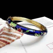 1 pieza Nuevo brazalete estilo bohemio de esmalte cloisonné con flores doradas, joya adecuada para mujeres y niñas - Pulsera cloisonné esmaltada con estampado floral - Ver 6