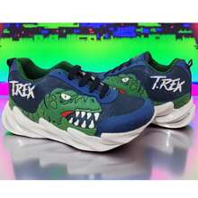 Tenis de luces para niño y niña, unisex, zapatillas de focos color azul con verde, gris con verde, antiderrapante, prende al golpear el suelo, material tela, diseño de dinosaurio moderno - Azul Marino - Ver 3