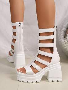 女式粗跟厚底露趾中筒靴，百搭夏季罗马高跟凉鞋 - 白色 - 查看 3