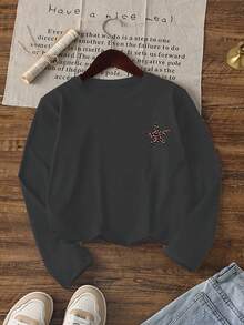 Tween Girl Leopard Print Star Graphic Round Neck Long Sleeve T-Shirt, Autumn/Winter Top - Dark Grey - View 4