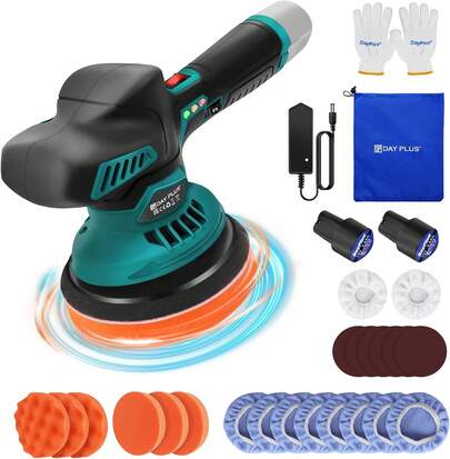 AutoFu Car Polisher Buffer Machine Cordless Polisher Electric Polisher Kit With 2PCS 12V 2.0Ah Battery, 2800-5500 RPM, 8 Variable Speed, 125mm Base For Car Care Furniture Polishing Sanding