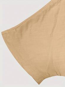 Women Casual Solid Color Crew Neck T-Shirt And Elastic Waist Linen Shorts Set, Summer - Apricot - View 4