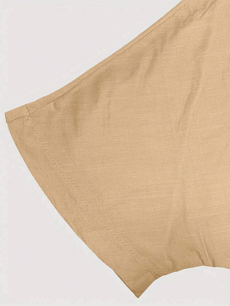 Women Casual Solid Color Crew Neck T-Shirt And Elastic Waist Linen Shorts Set, Summer - Apricot - View 4