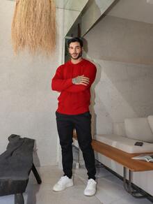 Men's Knitted Sweater Top Chic High Quality Textured Autumn Winter Long Sleeve - 紅色 - 查看 4