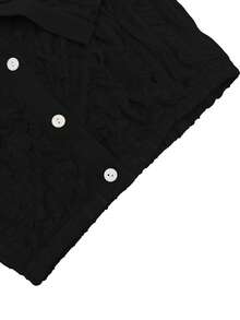 Conjunto de 2 piezas para mujer, top corto con botones y volantes en el frente, hombros descubiertos, de manga larga y pantalón de pierna ancha, unicolor negro, elegante para primavera - Negro - Ver 4