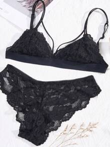 1 Set Lencería Romántica Francesa con Sujetador de Triángulo sin Relleno/sin Forro con Soporte Ligero y Braguitas, con Tirantes Ajustables, Suave y Transpirable, Encaje Sexy, Color Negro, Para Mujer