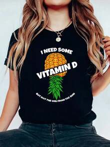 Upside Down Pineapple I Need Some Vitamin D Swinger Women T-Shirt Casual Print Short Sleeve Black T Shirt Graphic Tees Women Tops - 黑色 - 查看 1