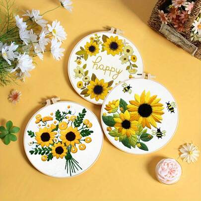 Sunflower & Bee Embroidery Kit For Beginners, Includes 11CT Printed Fabric Pattern, Full Tool Set, And DIY Craft Instructions