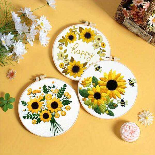 Sunflower & Bee Embroidery Kit For Beginners, Includes 11CT Printed Fabric Pattern, Full Tool Set, And DIY Craft Instructions