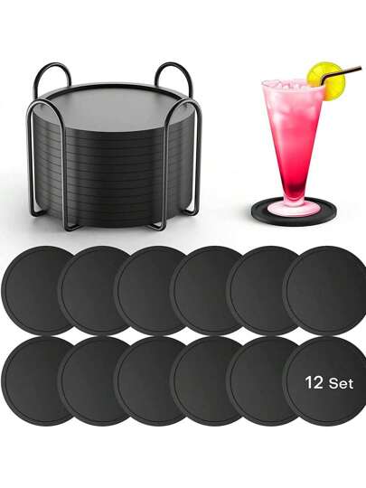 Juego de 12 posavasos de silicona con soporte - Manteles resistentes al calor y antideslizantes para mesas de madera, vidrio y piedra - Accesorios de cocina y comedor duraderos, sin necesidad de electricidad, diseño minimalista, fácil de limpiar, protege las superficies del café, el té y otras bebidas, suministros de cocina