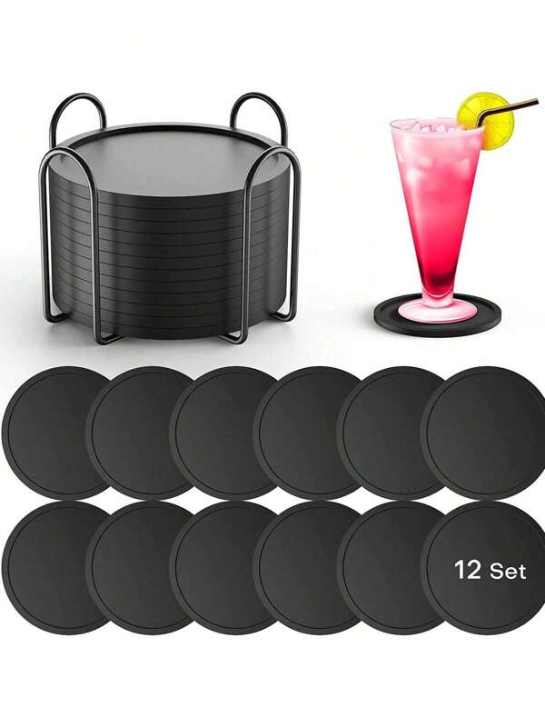 12 Pieces Silicone Coaster Set With Storage Rack - Non-Slip Heat-Resistant Beverage Mat For Wood, Glass, Stone Tabletops - Durable Kitchen And Dining Accessories, No Electricity Required, Minimalist Design For Easy Cleaning, Tabletop Protector For Coffee, Tea And Other Beverages,Christmas,Christmas Decorations,Christmas Decorations Home,Christmas Decoration,Bedroom Decor,Christmas Gifts,Bathroom Accessories