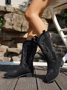 2025 秋冬经典美式复古刺绣皮革尖头西部女靴仿麂皮朋克风格高帮踝靴，黑色，粗跟时尚朋克切尔西靴女款，高跟粗跟马靴，牛仔靴 - 黑色 - 查看 3