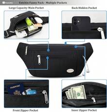 Entchin Fanny Pack Women Men,Crossbody Belt Bag With 4-Zipper Pockets,Adjustable Waist Bag Pack,One Of Most Popular Travel Essential Gifts Walking,Traveling,Cycling - Black - View 7