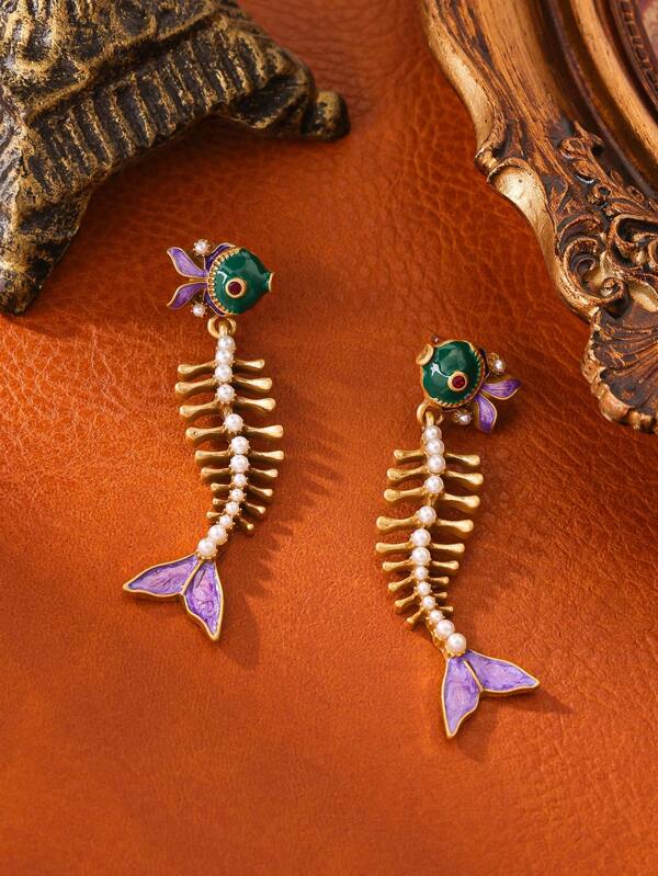 Vintage-Inspired 18k Gold Plated Copper Alloy Enamel Colorful Fish Skeleton Design, Inlaid Faux Pearl Delicate Earrings For Fashion Runway