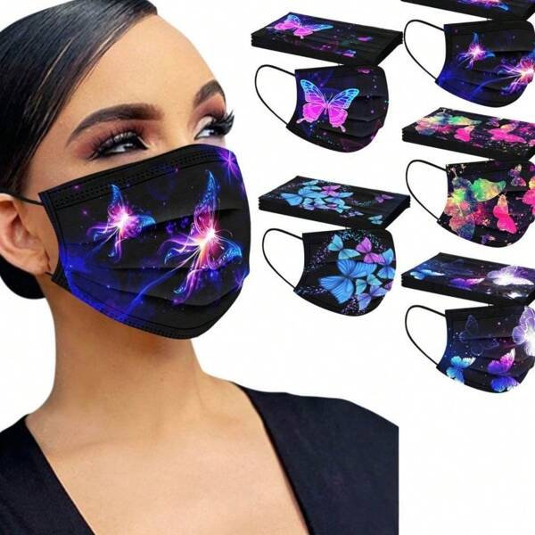 20 piezas Mascarillas negras desechables con diseño de mariposa, 3 capas de protección completa, adecuadas para mujeres, hombres y adolescentes