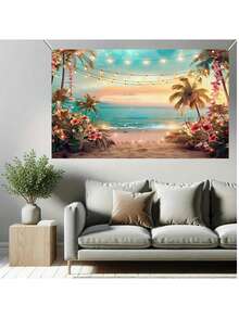 1 Pc Polyester Hawaiian Party Beach Banner, Tropical Ocean Photography Backdrop, Suitable For Spring/Summer Hawaiian Party, Aloha Party, Luau Party Themed Decoration, Indoor/Outdoor Home Decor - Multicolor - View 6