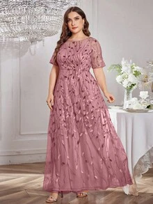 UNITHORSE Vestido Acampanado de Talla Grande con Cuello Redondo, Lentejuelas, Bordado y Patchwork - Rojo violeta - Ver 3