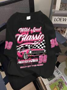 Camiseta con estampado de coche de carreras para niña preadolescente, top casual cómodo y versátil de verano, adecuado para uso en casa, salidas