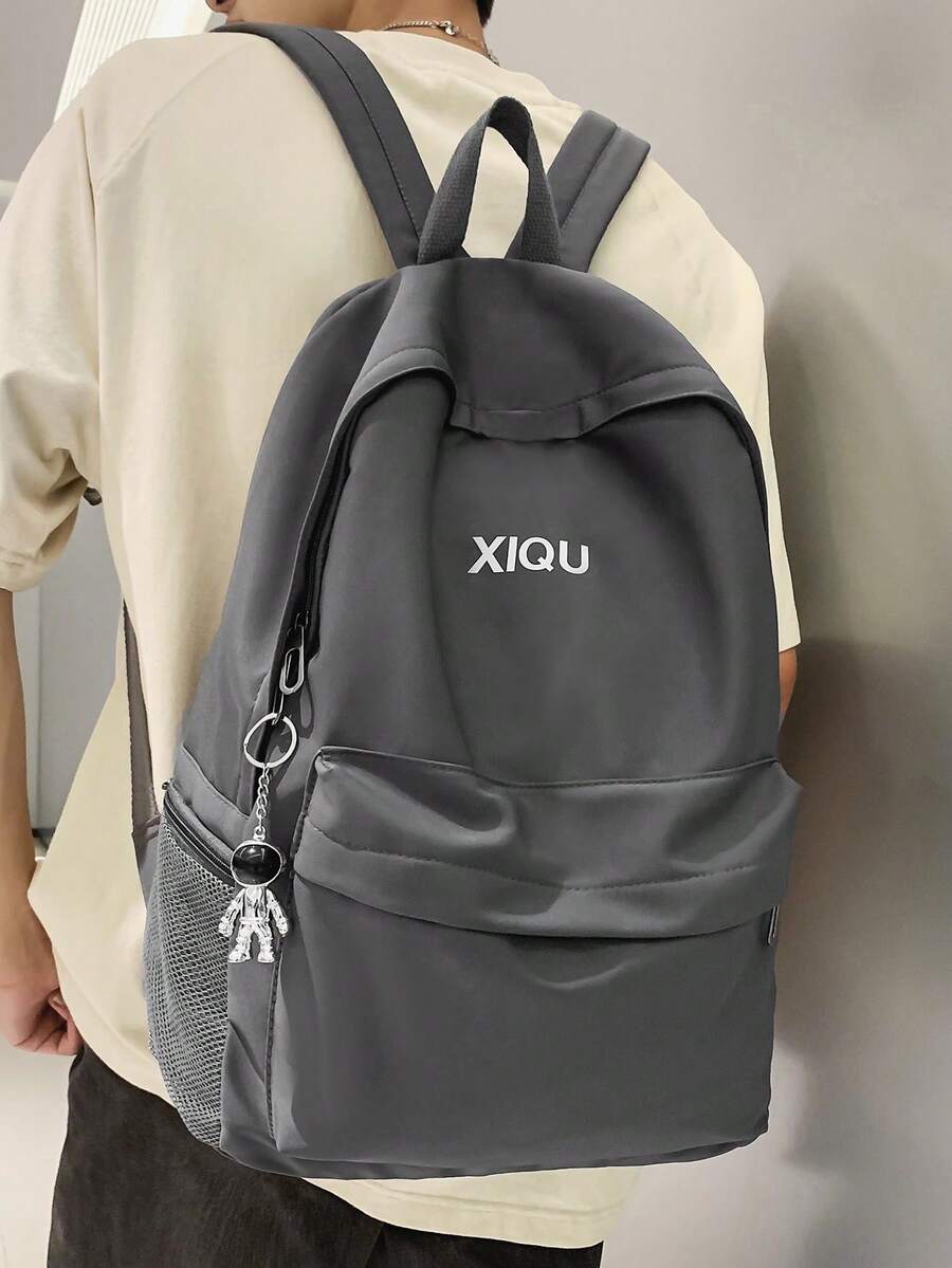 Mochila de gran capacidad de unicolor con colgante, mochila escolar, esenciales para volver a la escuela - Gris - Ver 1