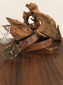 1 件男女通用复古西部牛仔动物扣压花 PU 皮带，时尚百搭，适合牛仔裤、裙子和全年穿着 - 鏽棕色 - 查看 9