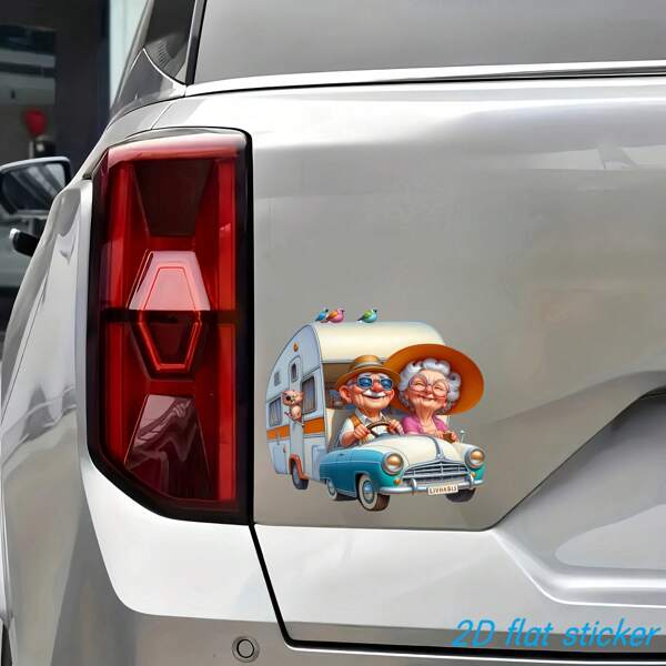 1pc 2D Flat Sticker, Charming Elderly Couple Road Trip Sticker - Waterproof Scratch-Resistant Decal, Suitable For Car, Motorcycle, Laptop - Add Whimsical Flair To Bumper, Toilet, Wall - PVC Material Wallpaper Wall Paper Wall Stickers Room Decor Wall Decor
