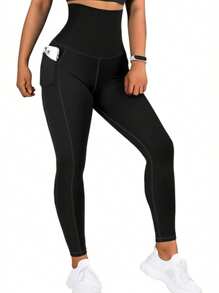 1pc Women High Waist Elastic Sports Yoga Pants, Pocket Button Decor, Solid Color Skinny Cropped Tights, Black, Suitable For Outdoor, Cycling, Running, Tennis