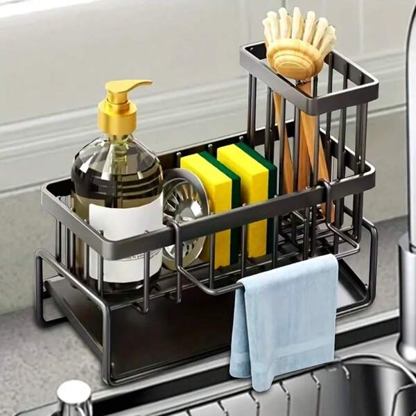 1 set Porte-ustensiles multifonctionnel noir avec tige et baguettes, support métallique antirouille pour éponge et plat, étanche avec chiffon amovible, brosse et distributeur de savon liquide, convient pour l'évier de cuisine et le drainage