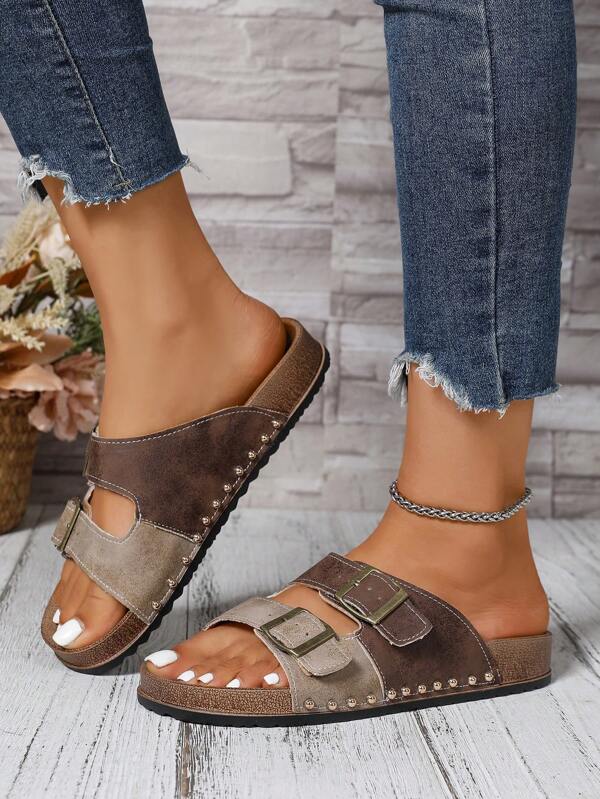 Adjustable Buckle Slip-On Casual Fashion Sandals, Flat Slide Sandals, Plain Color, Suitable For Teens, Unisex, Ladies, New Arrival, Outdoor, Sports, Beach Shoes