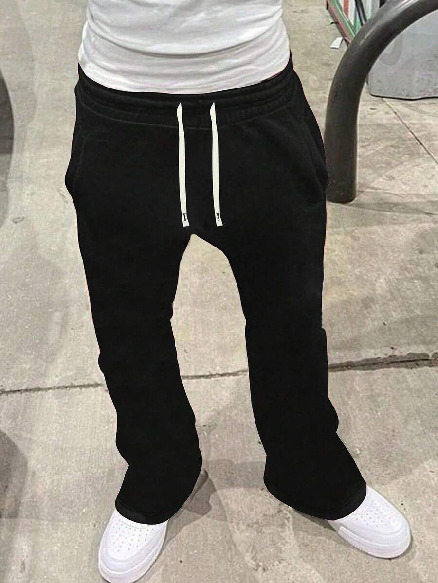 Plus Size Men Straight Leg Knit Pants, Streetwear Fashion Versatile Casual Sweatpants, Lightweight For Spring, Autumn And Summer - Black - View 1