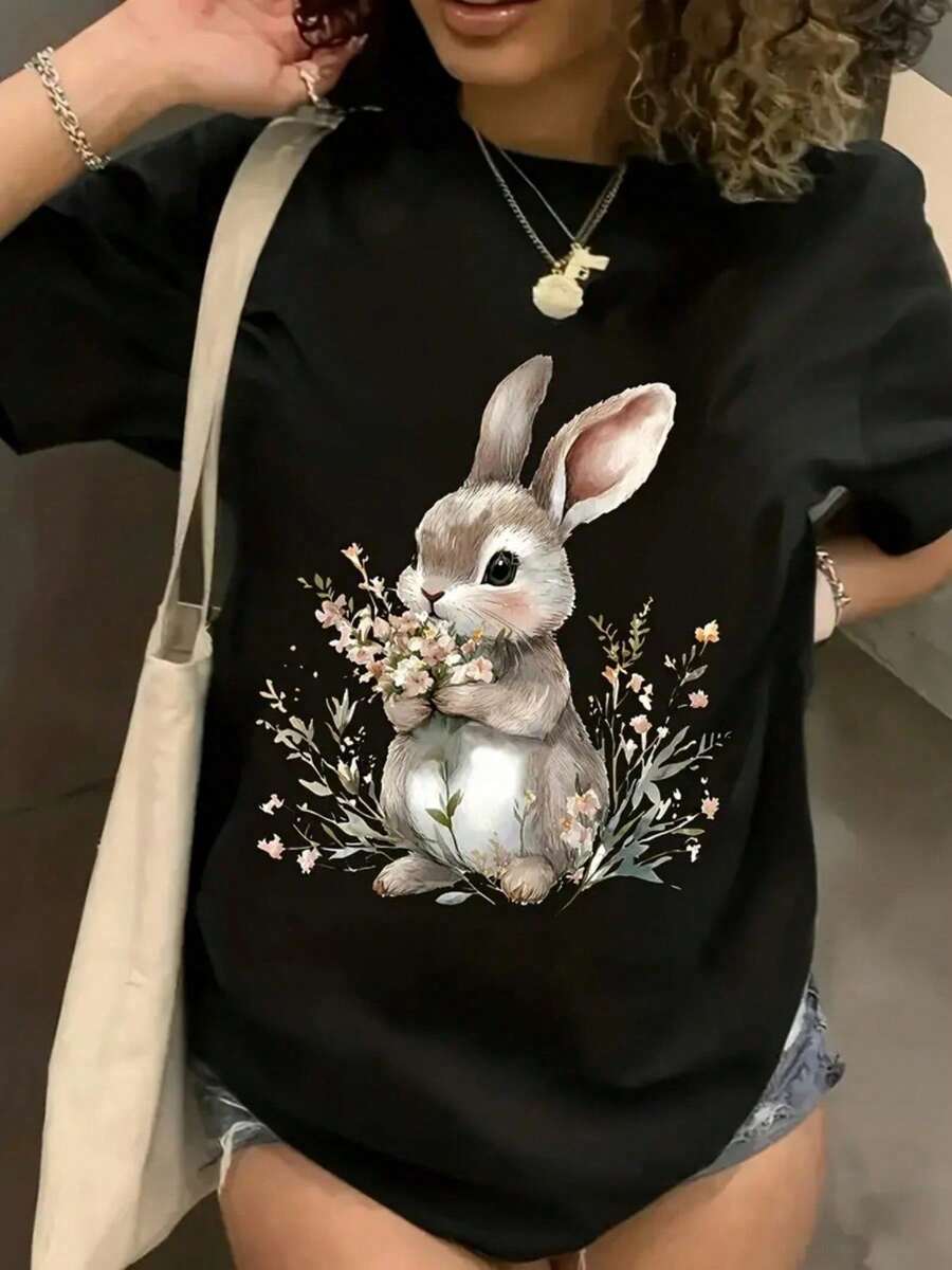 Women's Black Cotton Crew Neck Short Sleeve Printed T-Shirt With 180g Fabric Featuring Cute Bunny Rabbit And Floral Design For Casual Daily Wear