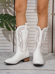 新款女士刺绣白色皮革西部靴，尖头粗跟过膝长靴，户外休闲时尚靴 - 白色 - 查看 6