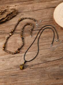 1 Set Bestselling New Tiger Eye Stone, Imitation Turquoise, Coconut Shell 2-Piece Handmade Beaded Adjustable Necklace, Suitable For Men's Daily Wear - Men's Necklaces - View 3