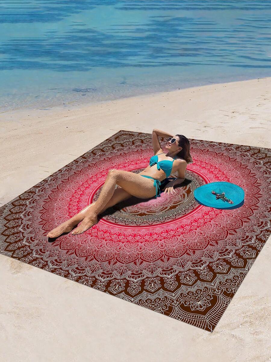 1 件户外波西米亚风格防水防沙时尚可爱渐变色花卉数码印花沙滩毯/野餐垫，适合露营、户外野餐 - 彩色 - 查看 1