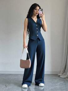 Completo elegante da donna, pantaloni lunghi, outfit casual monocolore - Gilet senza maniche + Pantaloni con elastico in vita e tasche, adatto per uso casual quotidiano e per andare al lavoro, per tutte le stagioni