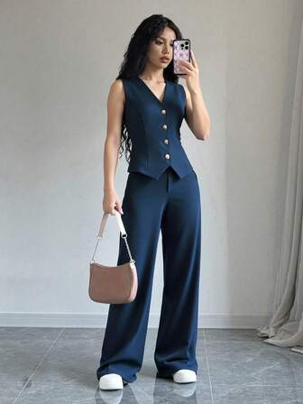 优雅女士西装套装，长裤，纯色休闲装 - 无袖背心 + 松紧腰口袋裤，适合日常休闲和通勤穿着，四季皆宜