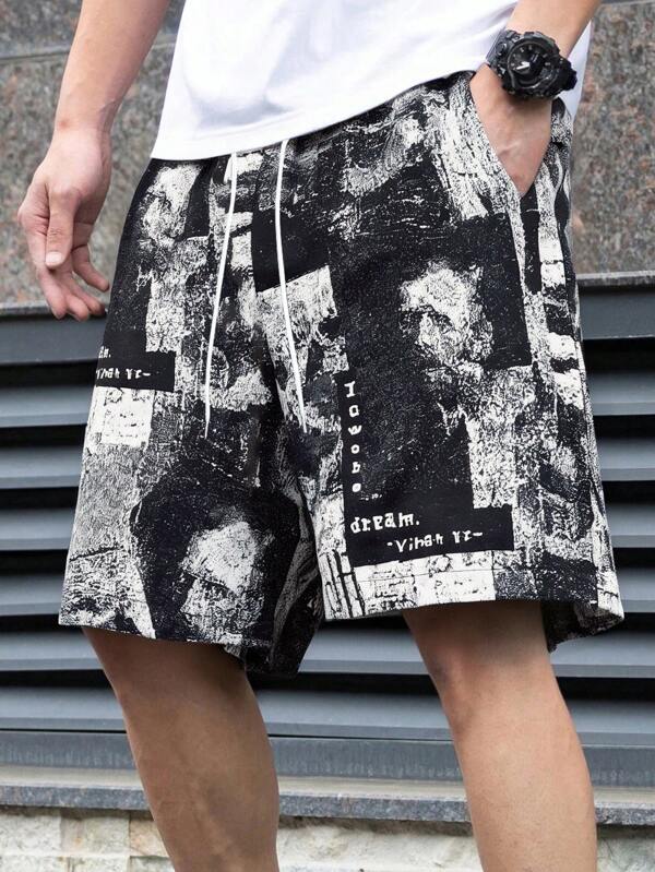 Summer Lightweight Printed Loose Straight Casual Shorts For Men, Black, Fashionable, Comfortable, Versatile, Beach 5-Inch