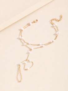 Brazalete de cadena dorada con perla blanca y cristal brillante, estilo bohemio europeo y americano, pulsera y anillo de muñeca elegante como regalo para mujeres y niñas