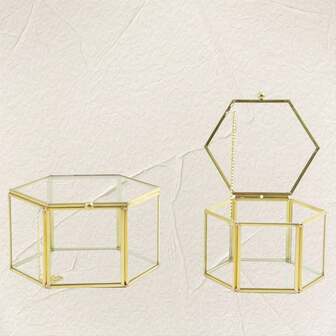 1pc Luxurious Hexagonal Glass Jewelry Display Box - Decorative Boxes For Storage And Organization - Brass Frame, Wedding Gift, Ring, Bracelet, Earring Holder, Mother's Day, Spring Season Home Room Decor, Stylish Storage Case For Jewelry Collector Storage Box, Gift Box, Packaging Box