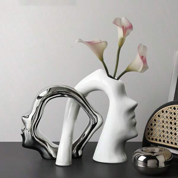 1pc Hollow Ceramic Vase, Abstract Floral Design Ceramic Vase, Modern Boho Style Decorative Ceramic Vase For Home Decor