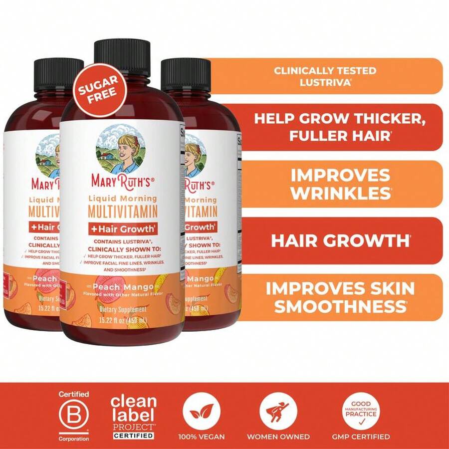Liquid Multivitamin + Lustriva – Clinically Tested For Hair Growth & Skin Health (15.22 Fl Oz) - Three Pack - View 1