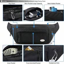 Entchin Fanny Pack Women Men,Crossbody Belt Bag With 4-Zipper Pockets,Adjustable Waist Bag Pack,One Of Most Popular Travel Essential Gifts Walking,Traveling,Cycling - 大號黑色 - 查看 3