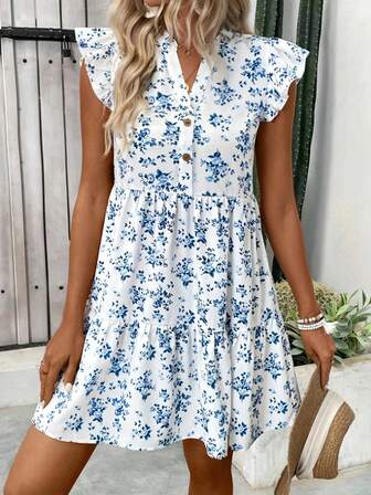 Summer Women's Casual Holiday Bohemia Floral Print V Neck Mini Dress;Fall Women Clothes,Summer Dresses For Women,Sun Dresses For Women,European Summer,Summer Dresses For Vacation,Beach Vacation Outfits