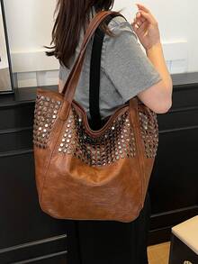 Dedoo 2024新款软皮手提包，小丑图案，简约单肩包，铆钉装饰，大容量女士手提包，方便购物、商务、休闲出行，光泽亮丽，豹纹印花 - 棕色 - 查看 5