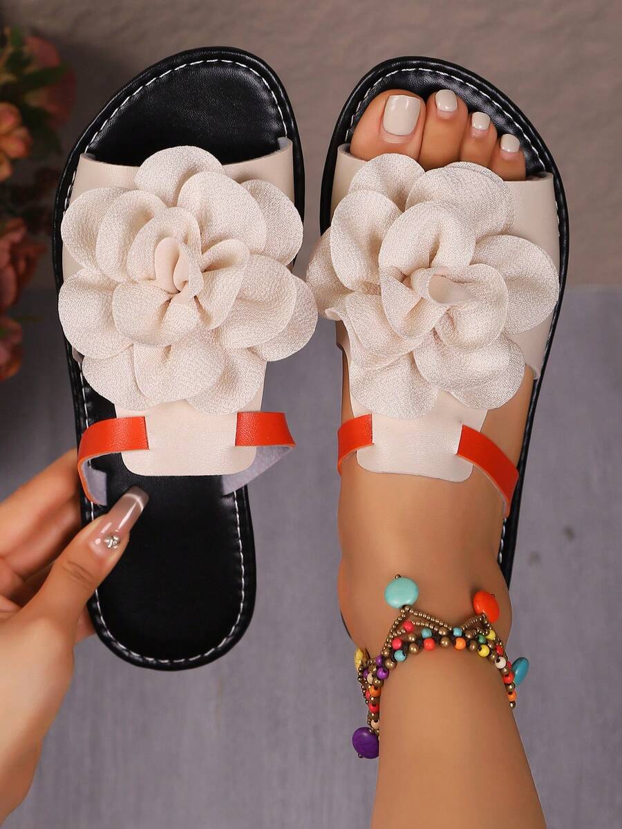 Dép xỏ ngón đi biển đính đá Rhinestone màu tương phản thời trang thường ngày cho nữ - Màu be - Xem 1