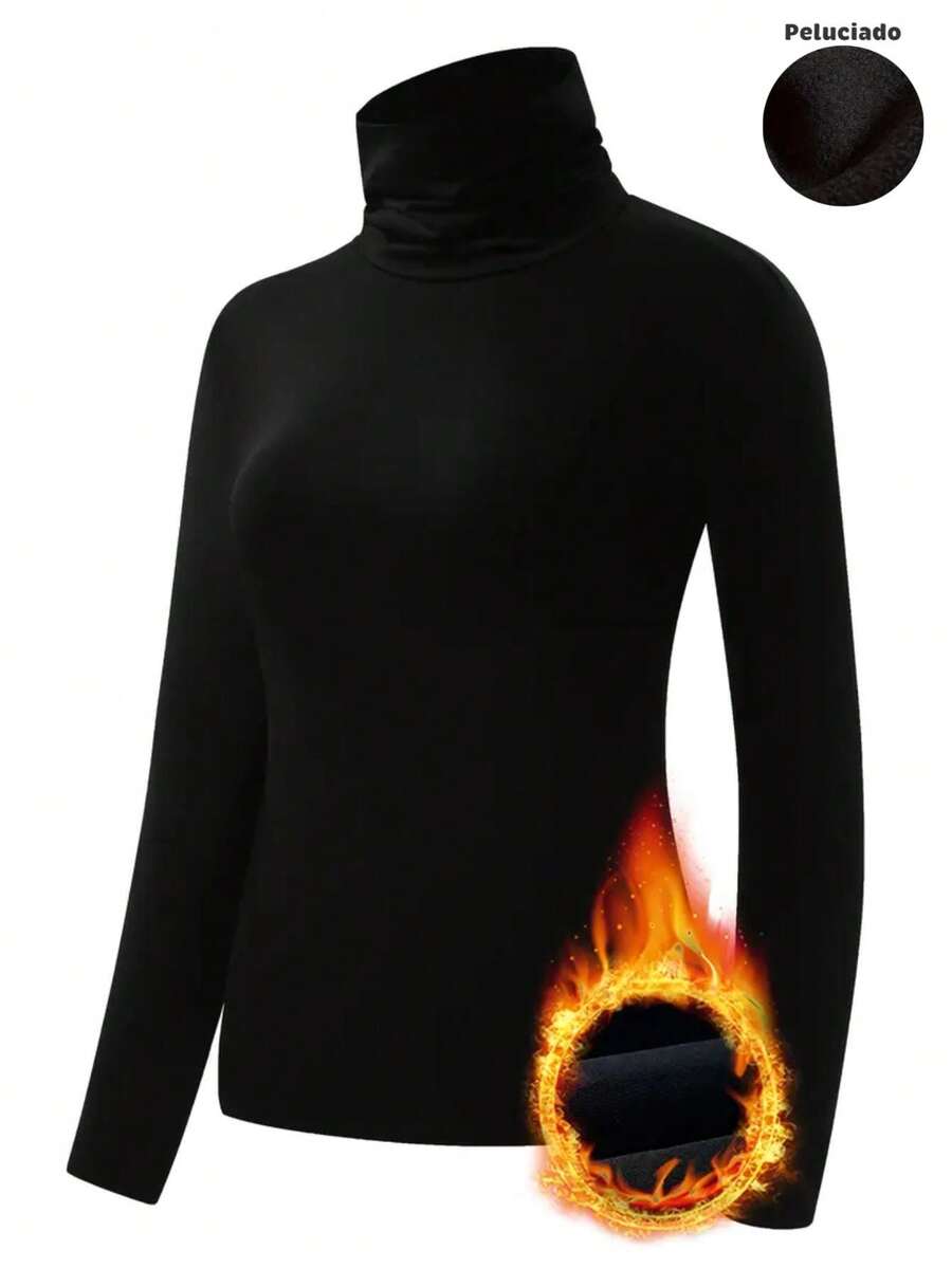 Cacharrel Women's Turtleneck Plush Thermal Shirt Warm Flannel Casual Polyester Plush Collar Thermal Plush Blouse Winter Night Office Home Travel Fall/Winter - 黑色 - 查看 1