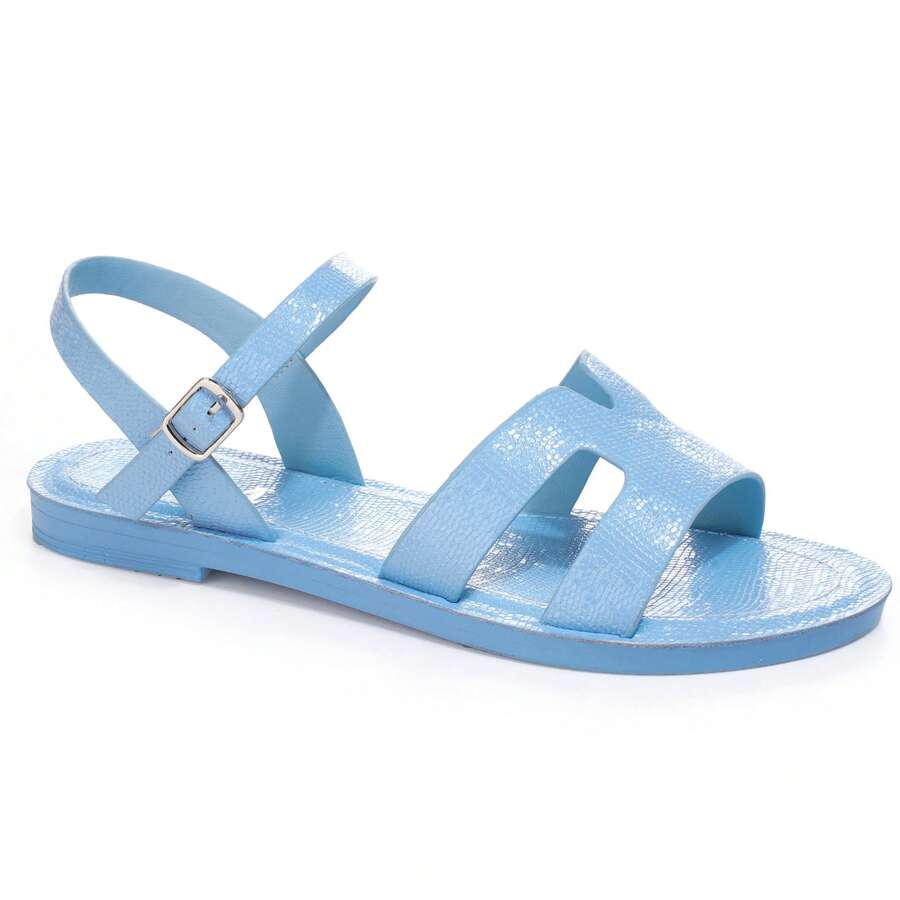 Women's Flat Roman Sandals, Textured Shoelace Design With Adjustable Buckle, Comfortable For Summer Wear - Blue - View 1