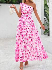 Women Summer Dress Floral One Shoulder Sleeveless Smocked Ruffle Flowy Long Dress With Pocket Boho Beach Vacation Holiday Wedding Guest Valentine Maxi Dress Outfits - 白色粉花 - 查看 5
